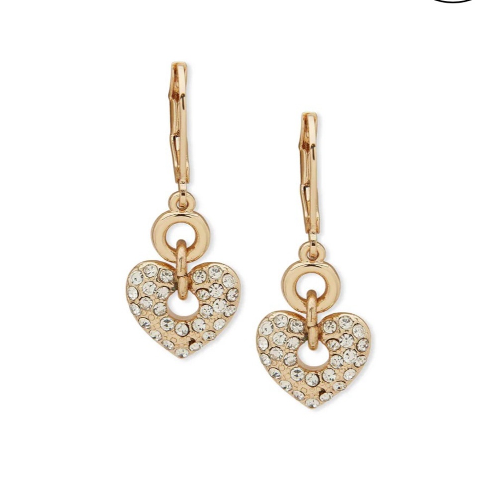 NEW Goldtone Crystal Pave Heart Dangle Earrings with Leverback Closure